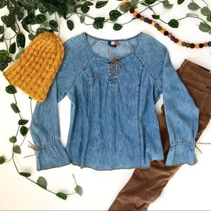 French Cuff Vintage Denim Shirt with Flare Sleeve
